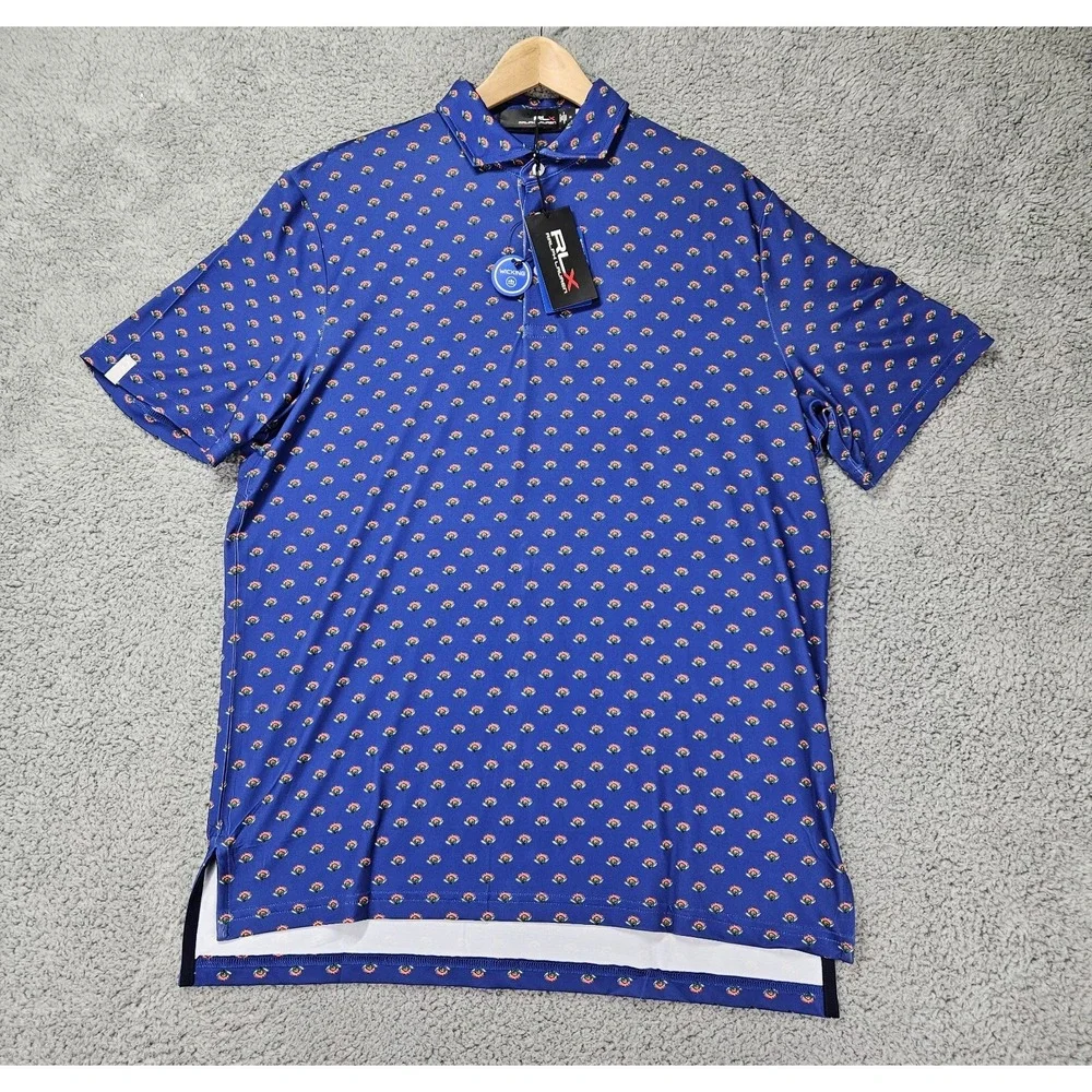 RLX Ralph Lauren Performance Polo Shirt M Blue Floral Micro Print NWT Wicking